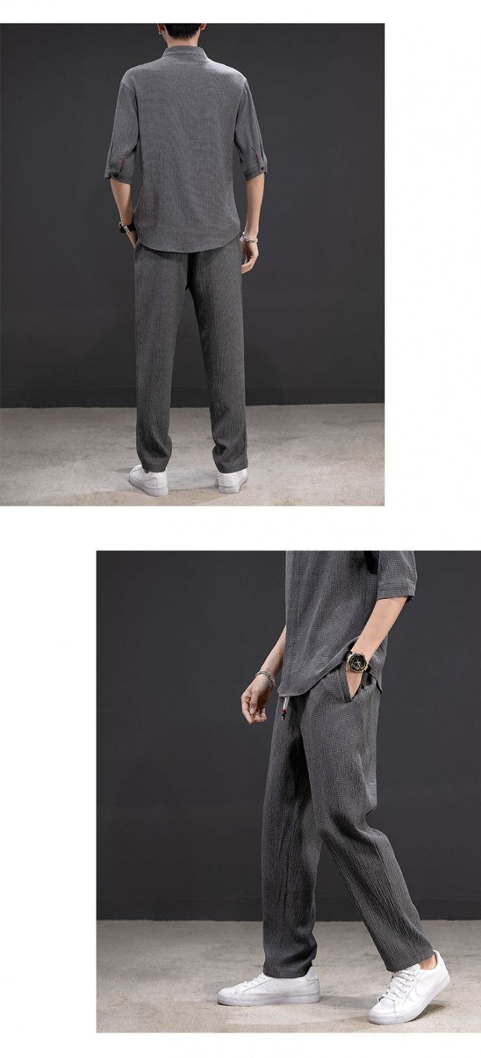 Men's cotton and linen short-sleeved T-shirt casual sports suit