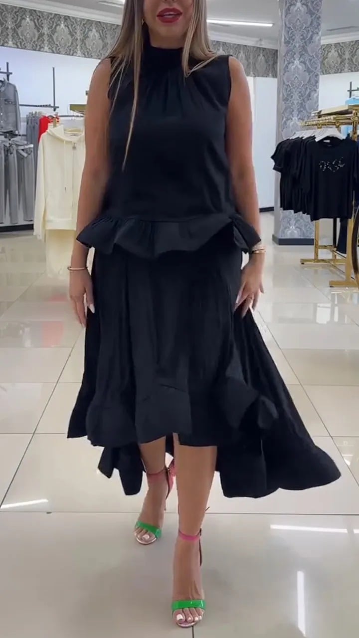 Ladies' Round Neck Patchwork Ruffle Top+ Rregular Skirt Casual Suit