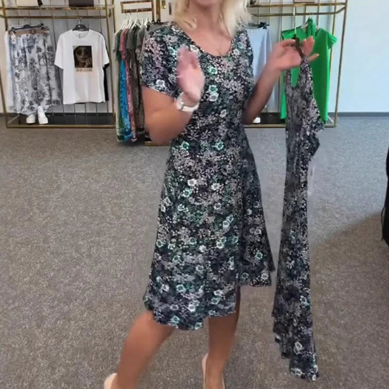 Casual Women's Dress with U-neckline and Floral Print