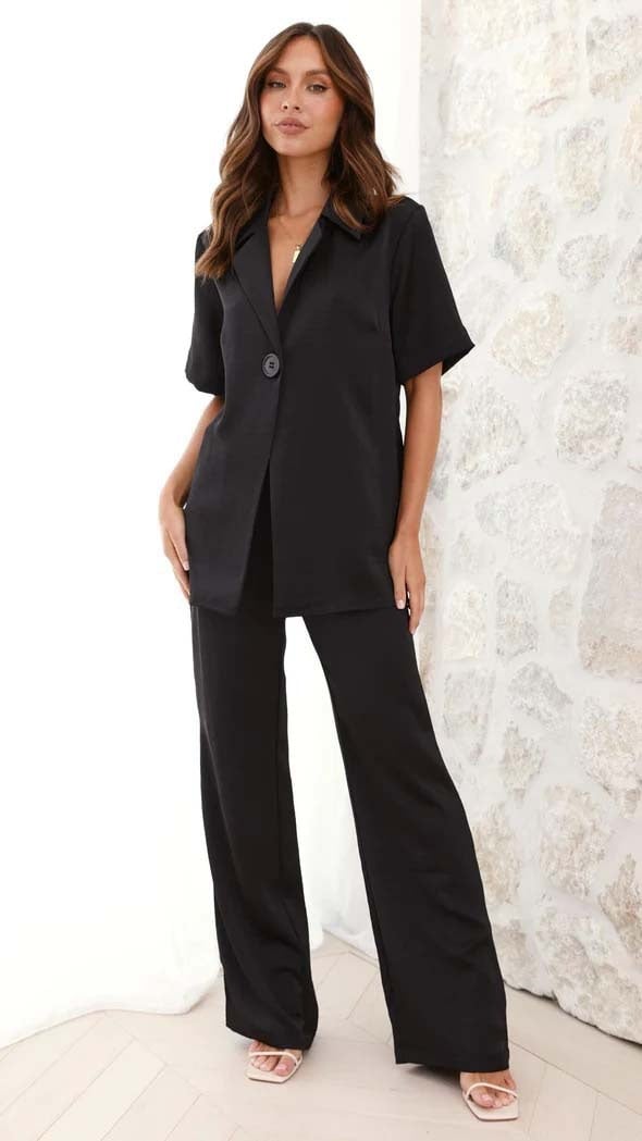 Casual Lapel Solid Button Short-Sleeve Pants Set