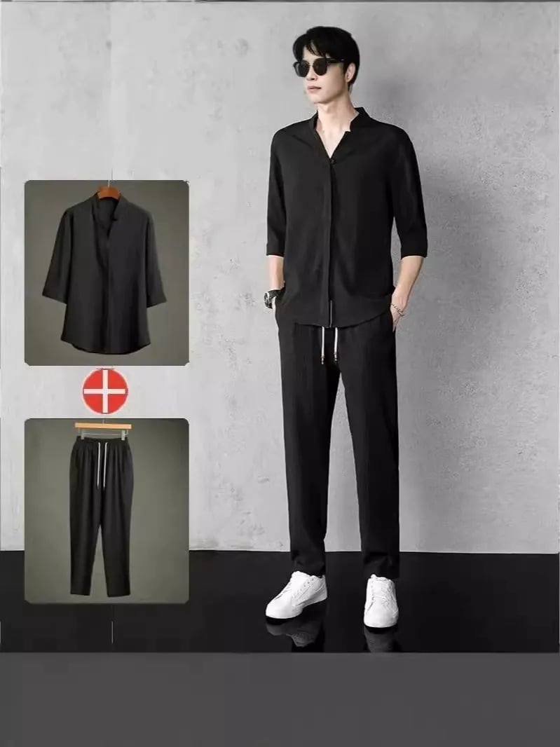 Men's cotton and linen short-sleeved T-shirt casual sports suit