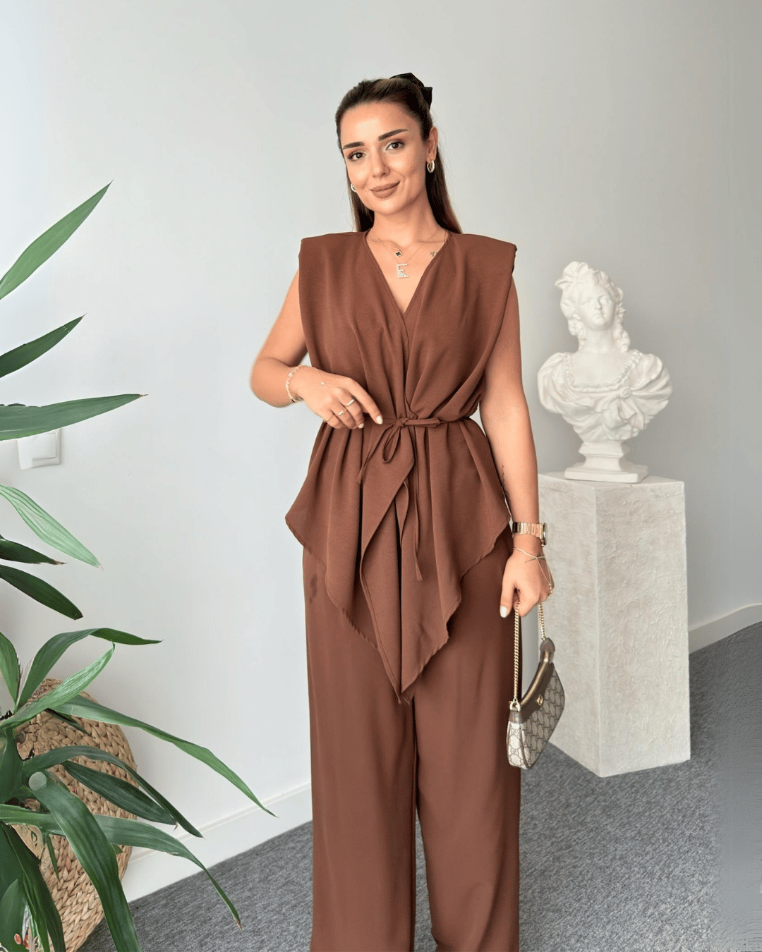 Chic V-Neck Tie-Up Waist Wrap Top & Wide-Leg Trousers Set