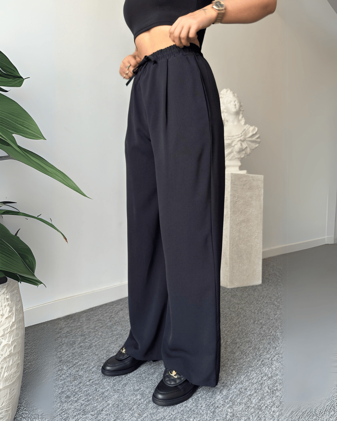 Chic V-Neck Tie-Up Waist Wrap Top & Wide-Leg Trousers Set