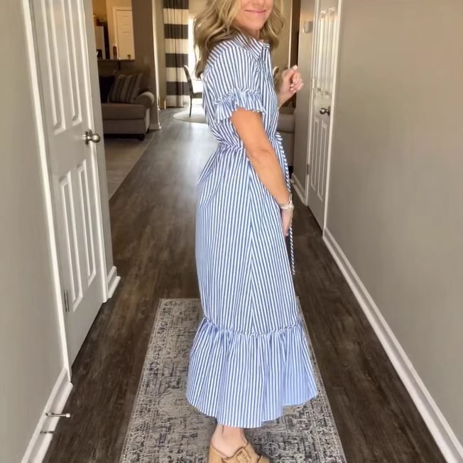 Blue and White Striped Shirt Collar Ruffled Sleeve Tie Dress