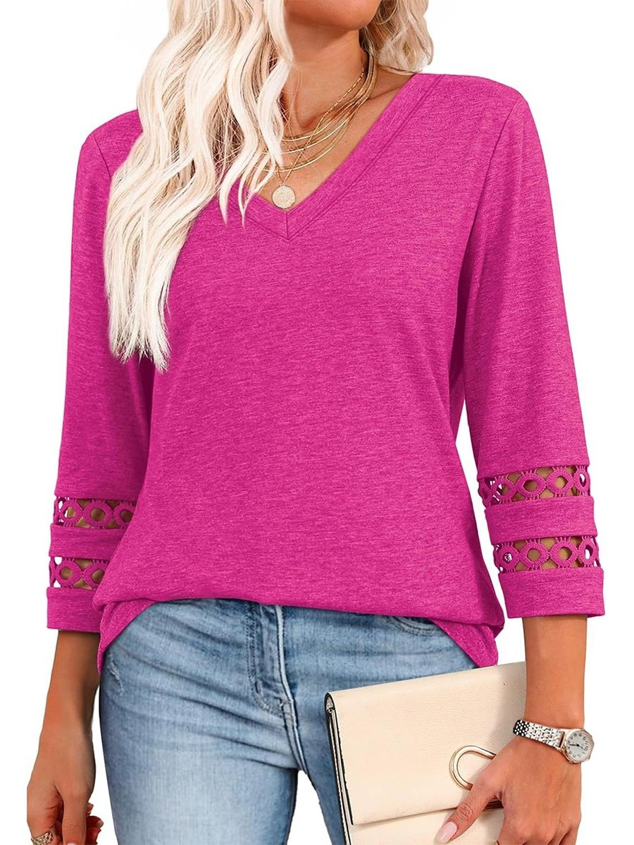 2025 New Womens 3/4 Length Sleeve Tops Trendy V Neck T Shirts