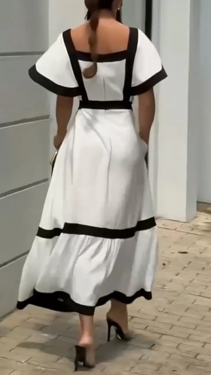 Ladies' Square Collar Striped Patchwork Casual Dress