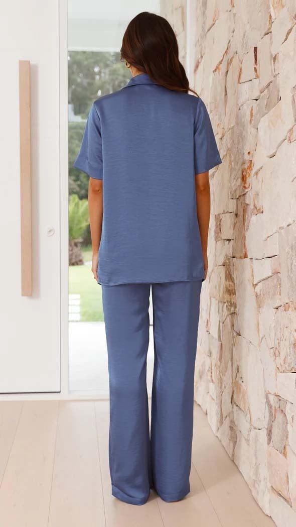 Casual Lapel Solid Button Short-Sleeve Pants Set