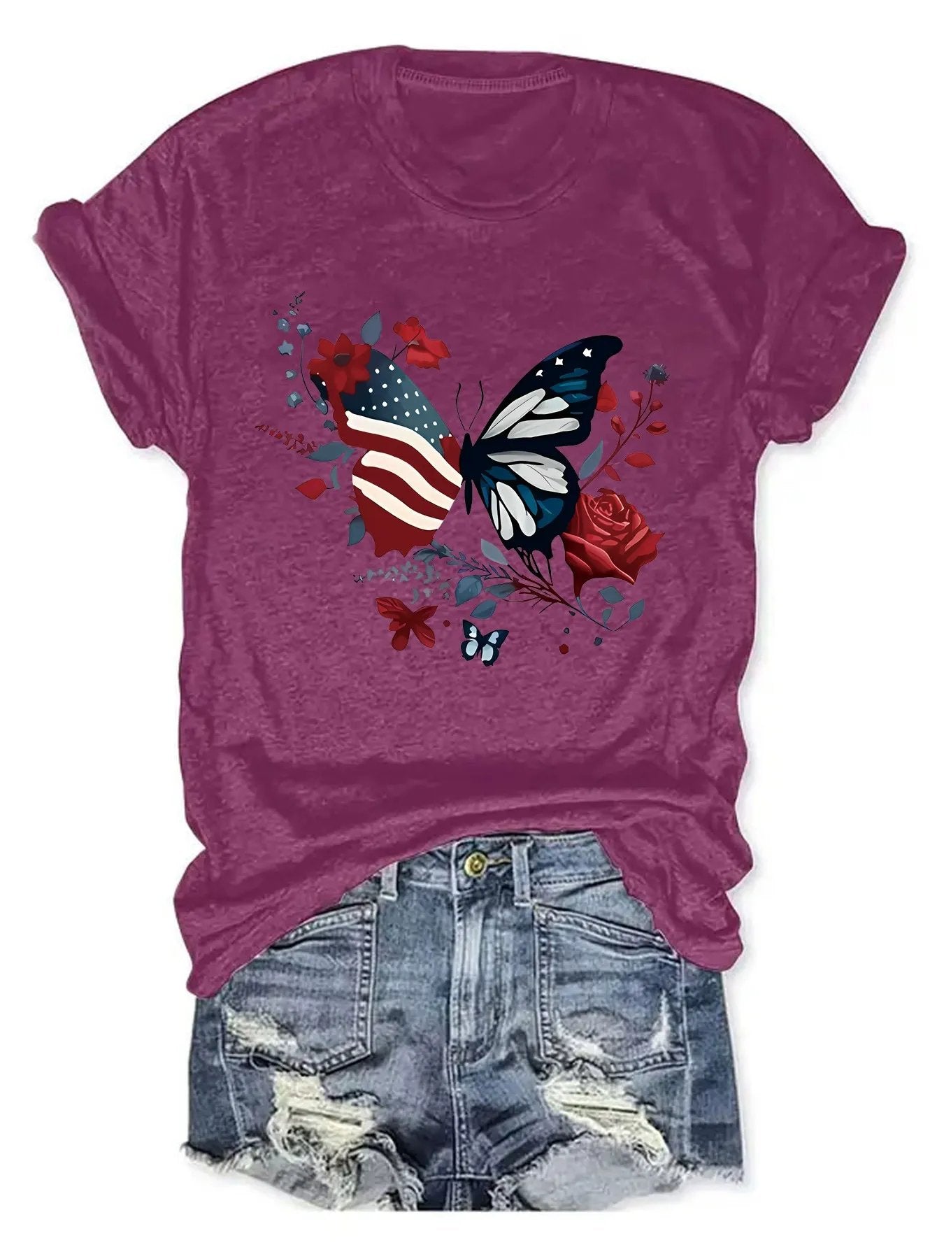 American Beauty Butterfly Tee – Patriotic V-Neck with Roses & Stars