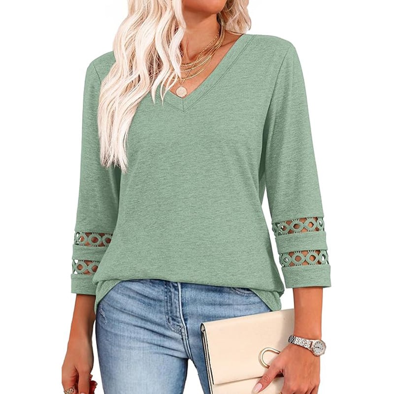 2025 New Womens 3/4 Length Sleeve Tops Trendy V Neck T Shirts