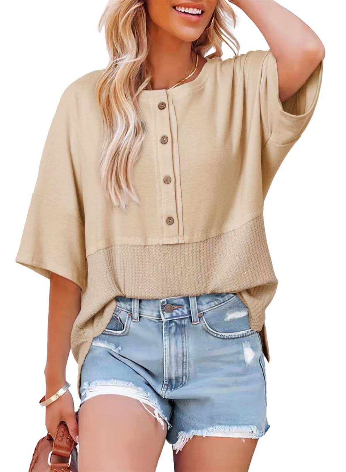 Casual Button Down Waffle Knit 3/4 Sleeves Top (Buy 3 Free Shipping)