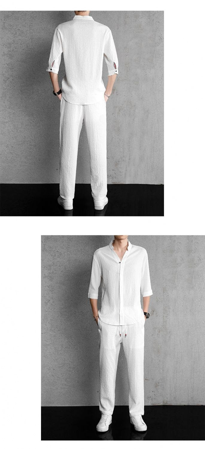 Men's cotton and linen short-sleeved T-shirt casual sports suit