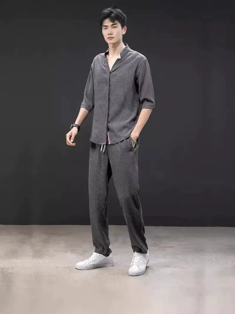 Men's cotton and linen short-sleeved T-shirt casual sports suit