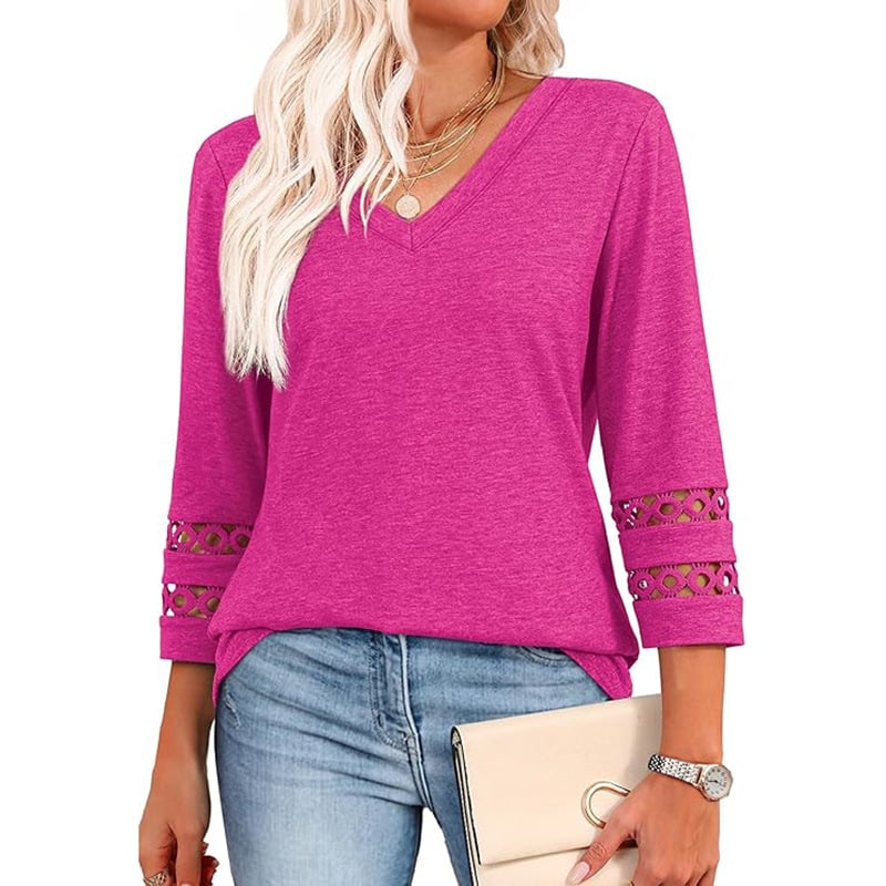 2025 New Womens 3/4 Length Sleeve Tops Trendy V Neck T Shirts