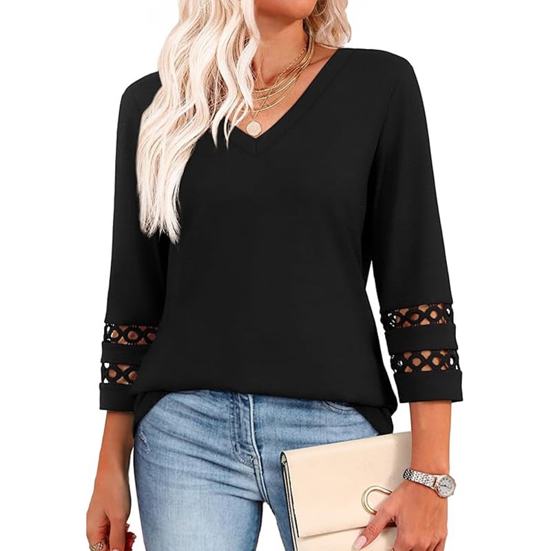 2025 New Womens 3/4 Length Sleeve Tops Trendy V Neck T Shirts