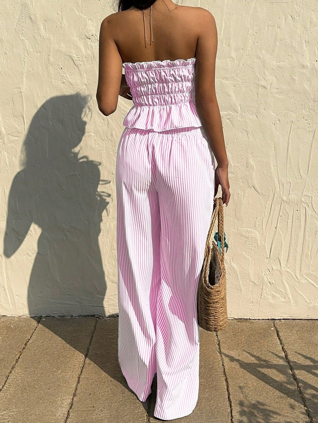 2pcs Women Stripe Set Tie-Front Ruched Bandeau Top And Long Pants