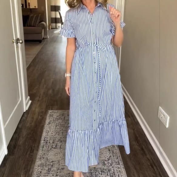 Blue and White Striped Shirt Collar Ruffled Sleeve Tie Dress
