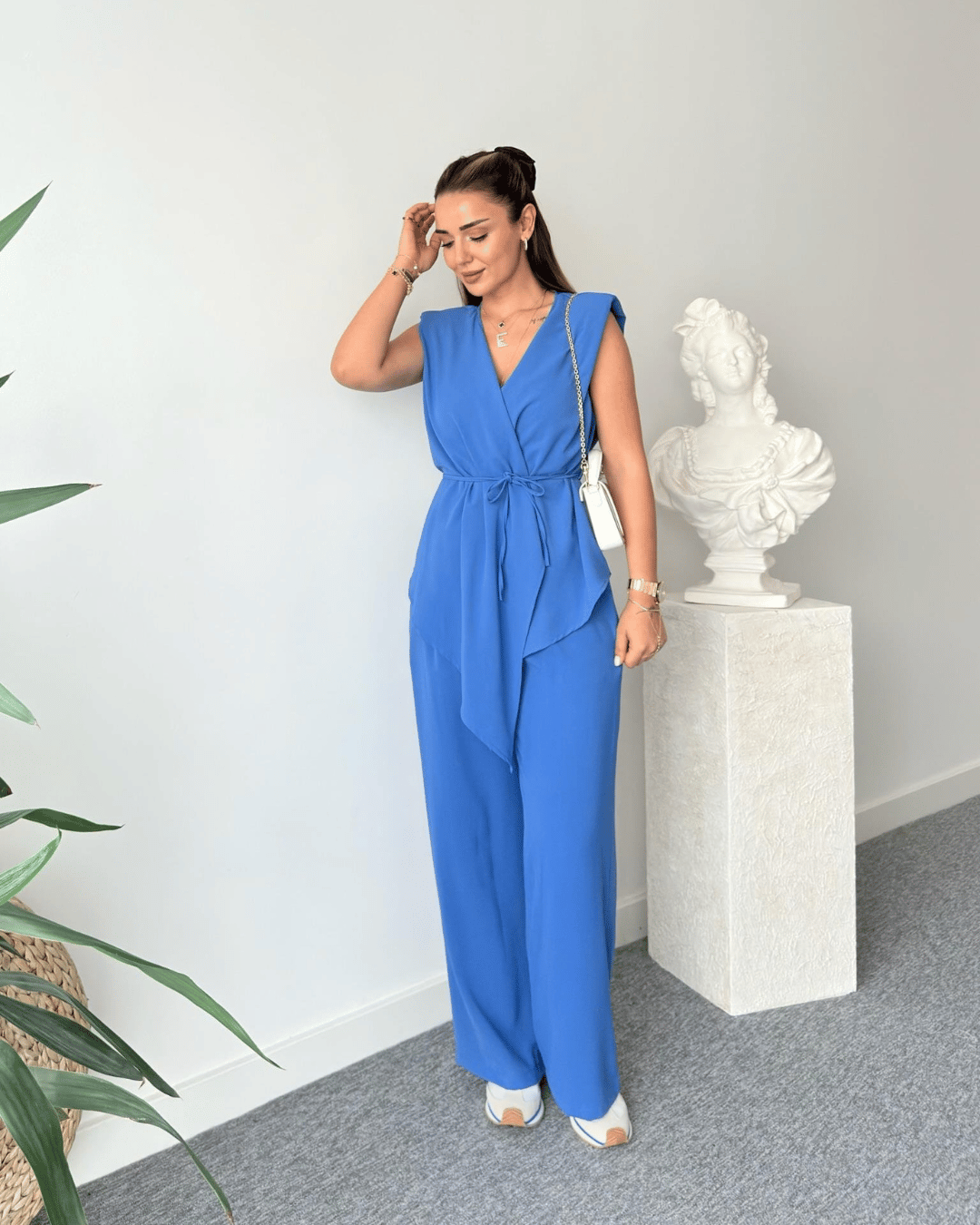 Chic V-Neck Tie-Up Waist Wrap Top & Wide-Leg Trousers Set