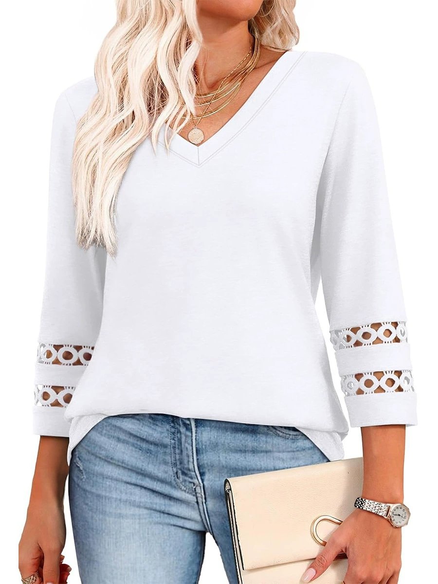 2025 New Womens 3/4 Length Sleeve Tops Trendy V Neck T Shirts
