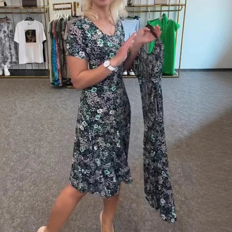 Casual Women's Dress with U-neckline and Floral Print