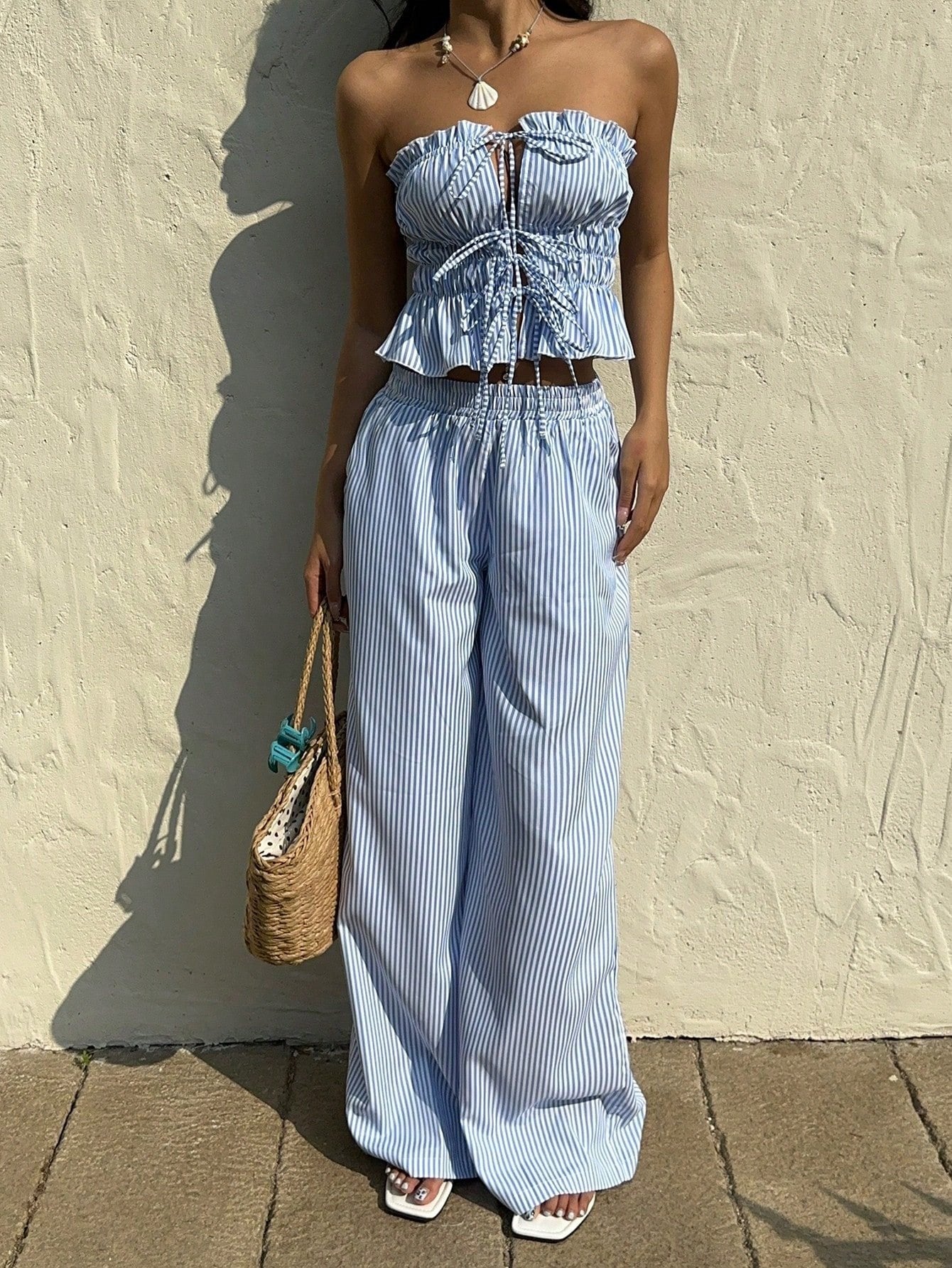 2pcs Women Stripe Set Tie-Front Ruched Bandeau Top And Long Pants