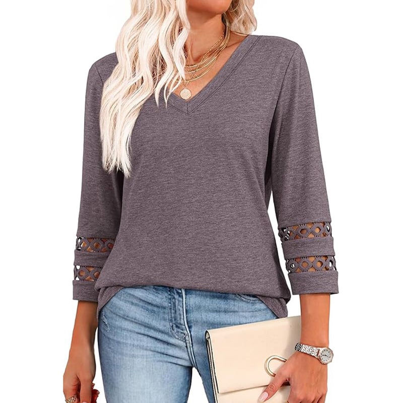 2025 New Womens 3/4 Length Sleeve Tops Trendy V Neck T Shirts
