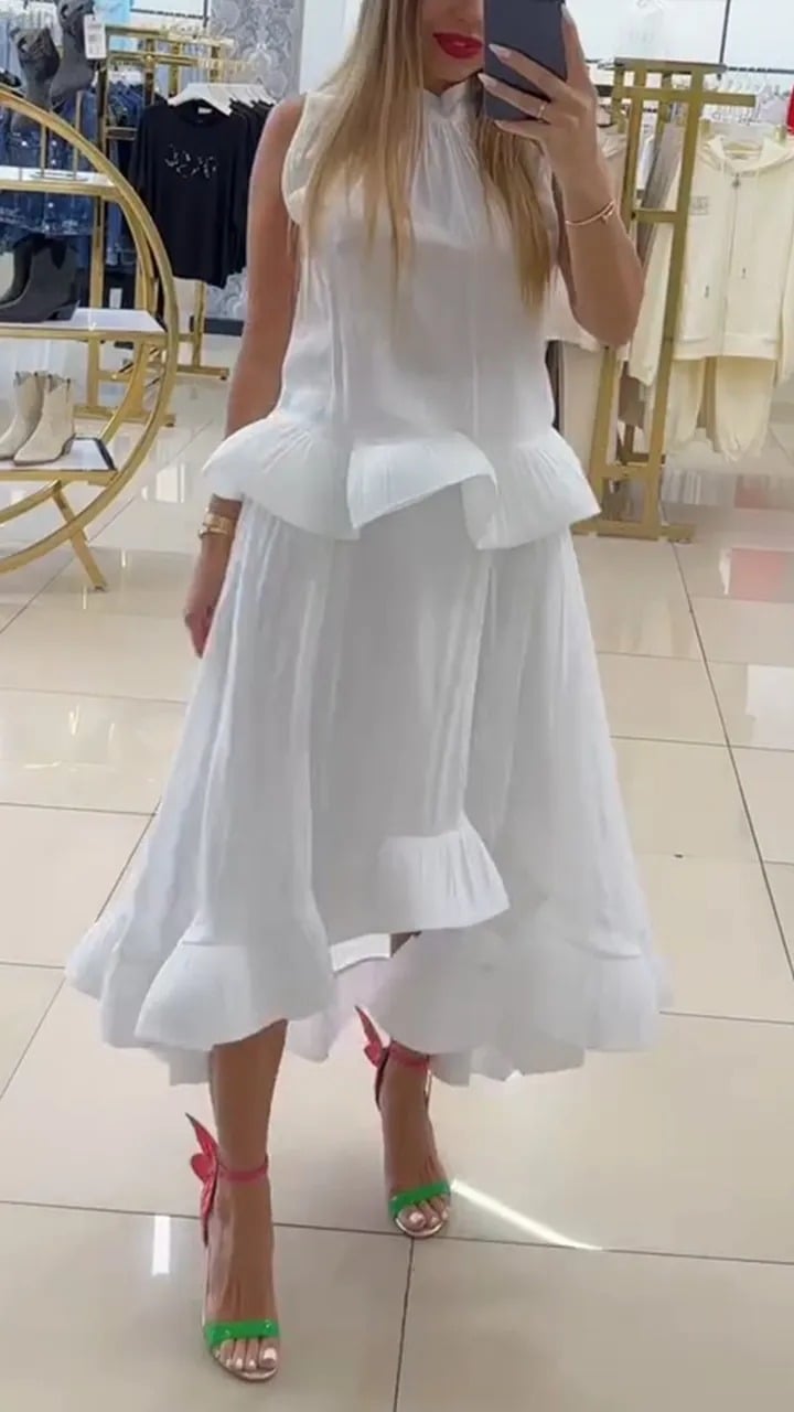 Ladies' Round Neck Patchwork Ruffle Top+ Rregular Skirt Casual Suit