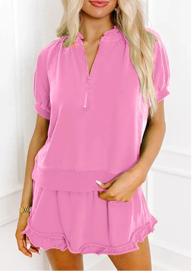 ✨Women's Casual Puff Sleeve Top and Ruffle Shorts Set(Buy 2 Free Shipping)