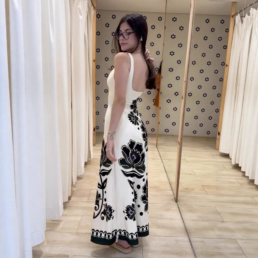 Black Floral French Backless Dress