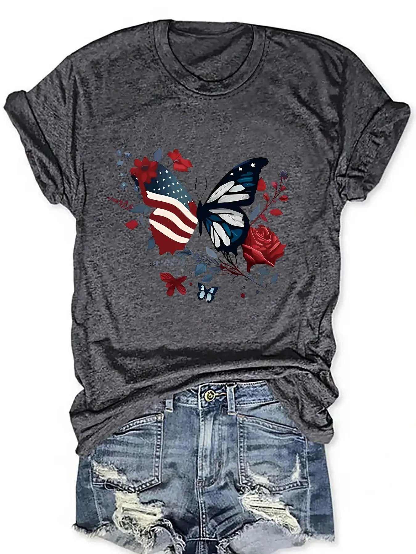 American Beauty Butterfly Tee – Patriotic V-Neck with Roses & Stars