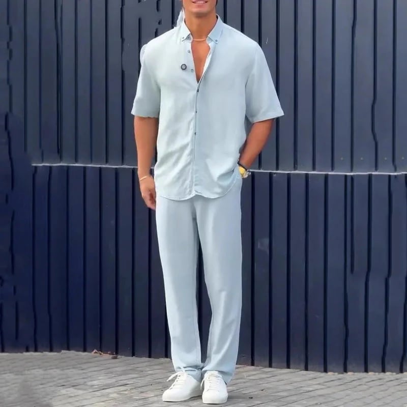 Men’s Solid Lapel Short-Sleeve Tops & Pants 2-Piece Set