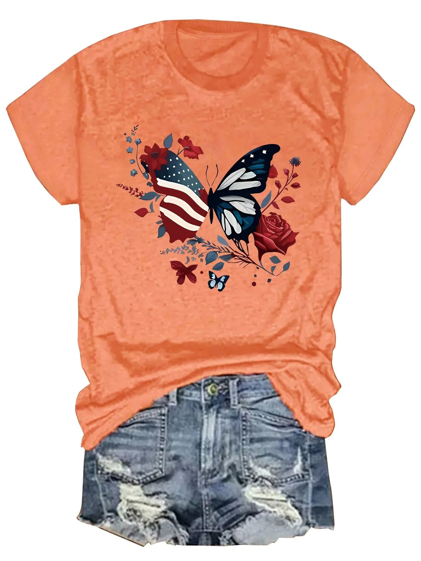American Beauty Butterfly Tee – Patriotic V-Neck with Roses & Stars