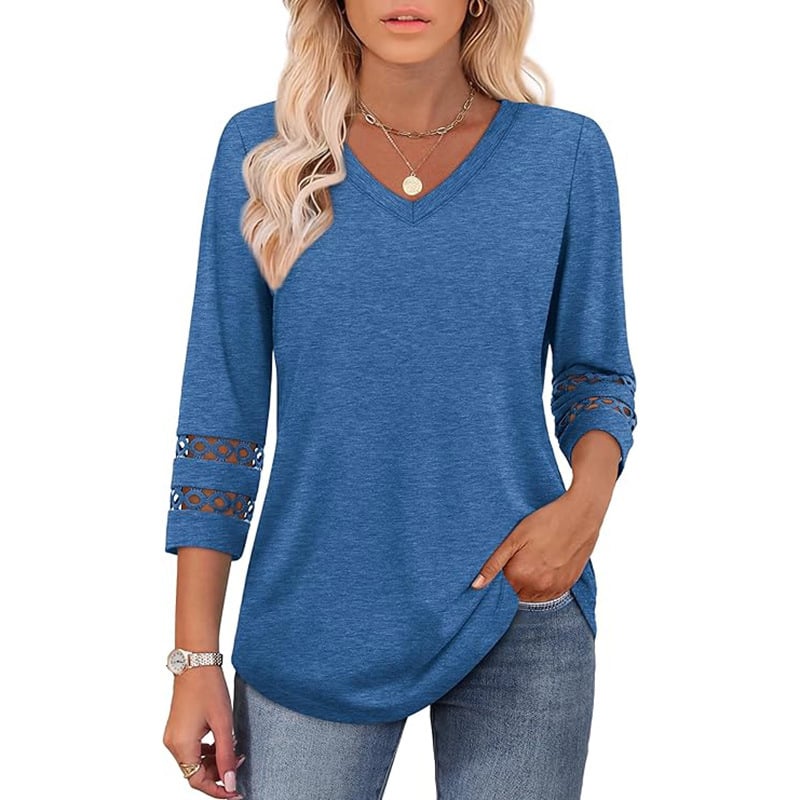 2025 New Womens 3/4 Length Sleeve Tops Trendy V Neck T Shirts