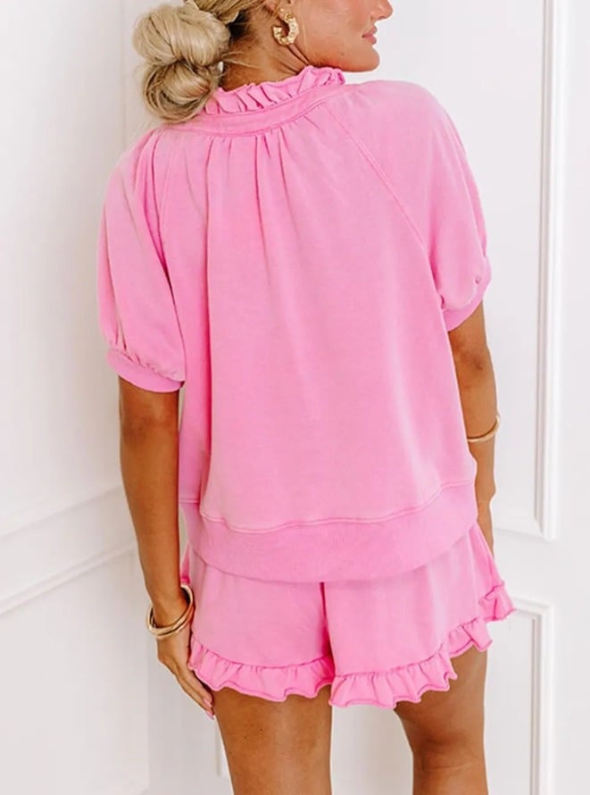 ✨Women's Casual Puff Sleeve Top and Ruffle Shorts Set(Buy 2 Free Shipping)