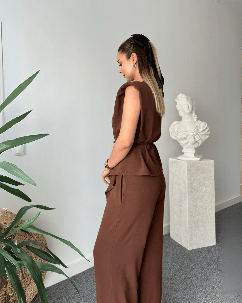 Chic V-Neck Tie-Up Waist Wrap Top & Wide-Leg Trousers Set