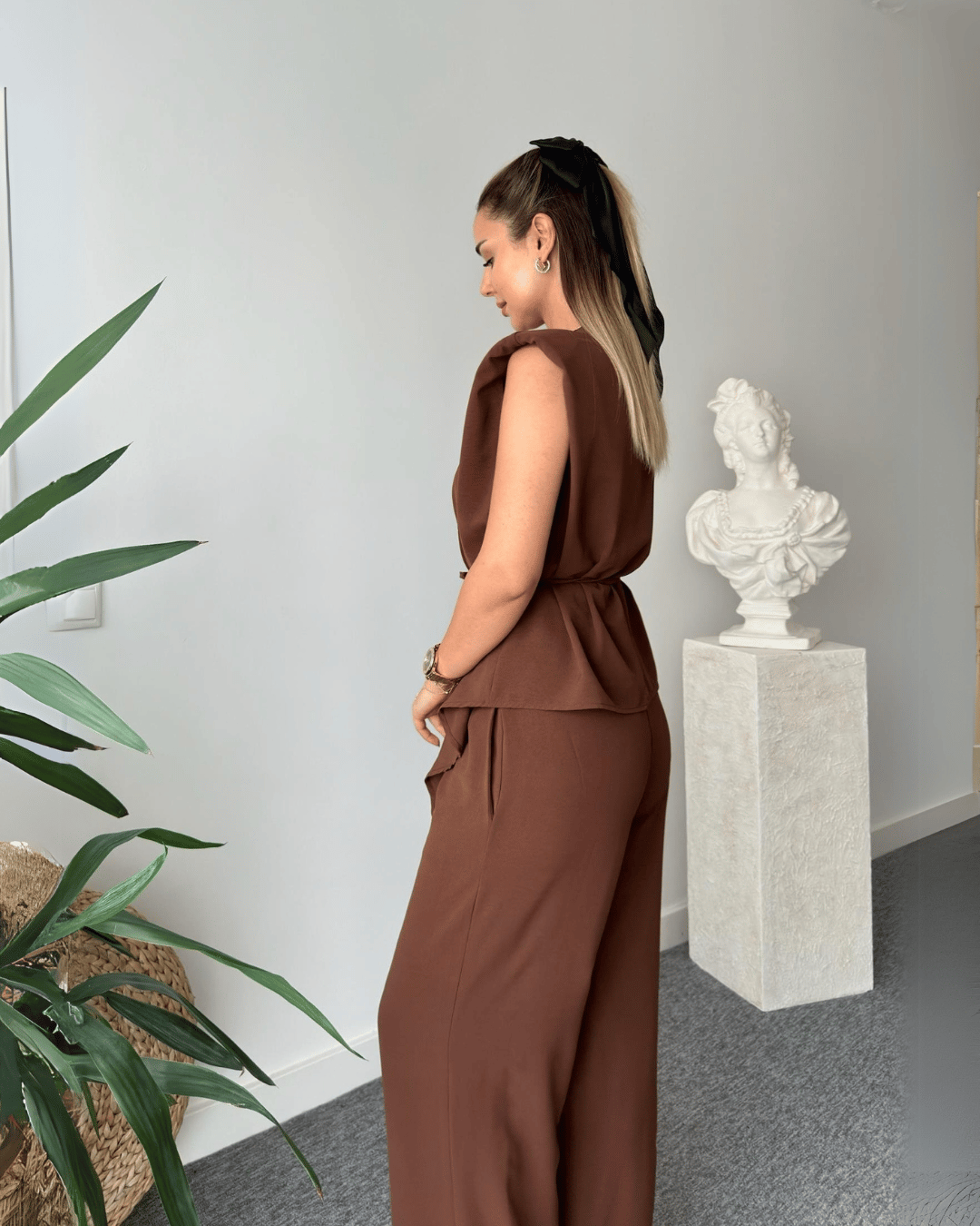 Chic V-Neck Tie-Up Waist Wrap Top & Wide-Leg Trousers Set