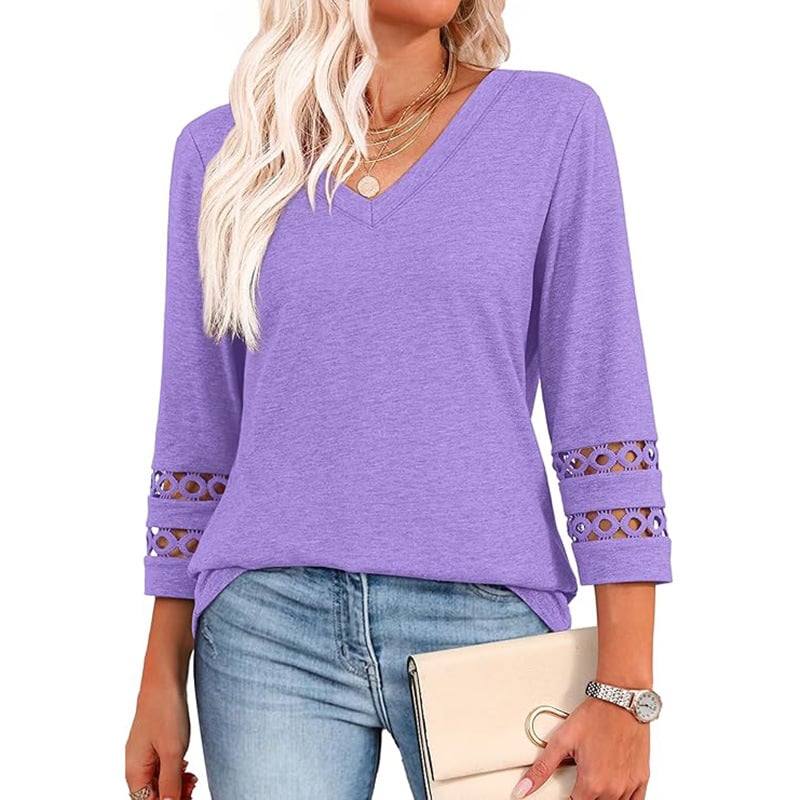 2025 New Womens 3/4 Length Sleeve Tops Trendy V Neck T Shirts
