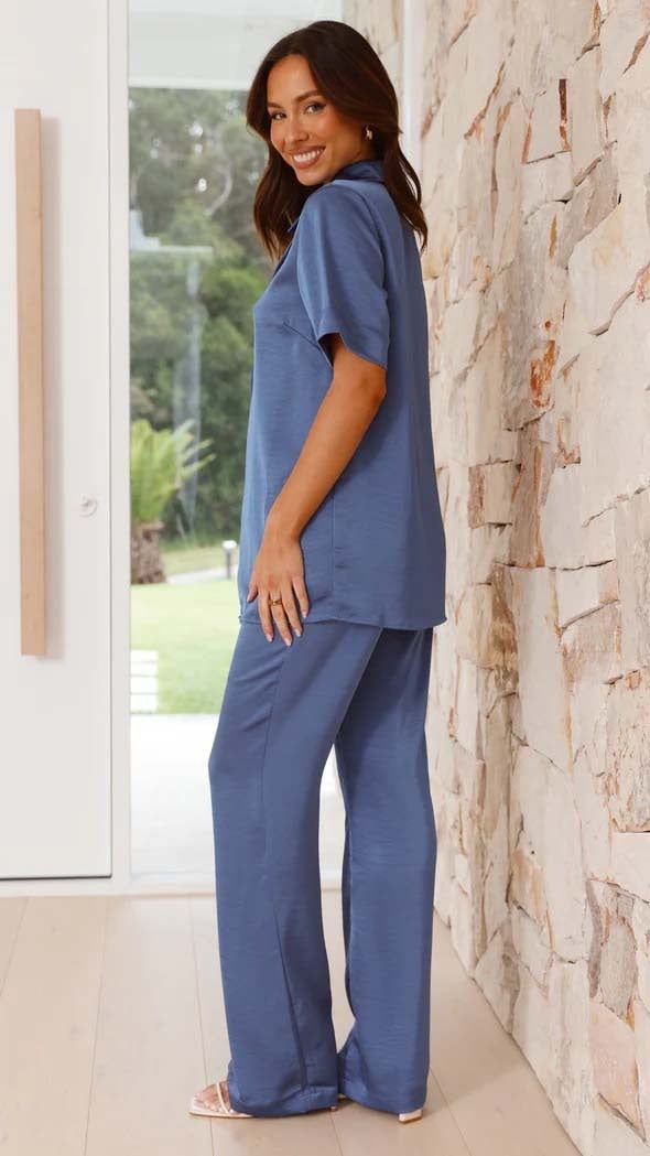 Casual Lapel Solid Button Short-Sleeve Pants Set