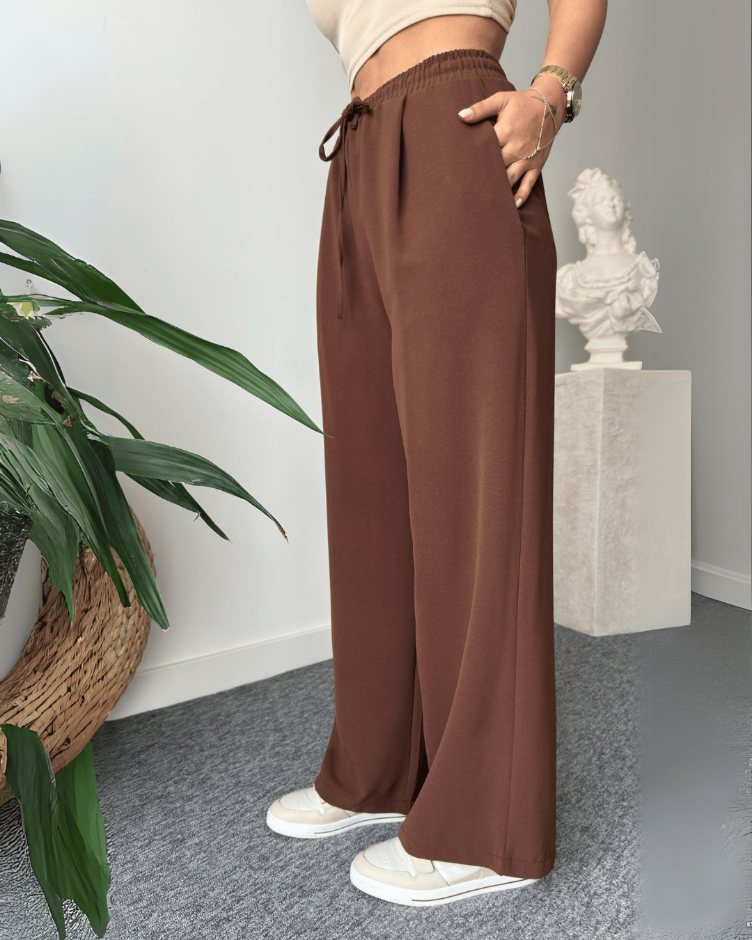 Chic V-Neck Tie-Up Waist Wrap Top & Wide-Leg Trousers Set