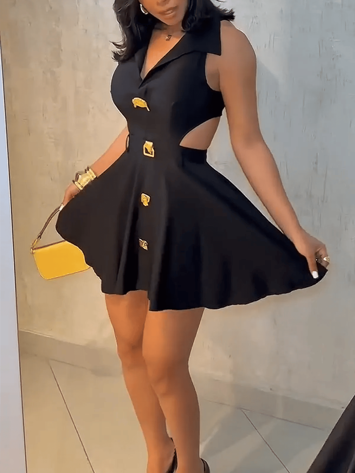 Ladies V-neck Metal Button Sleeveless Dress