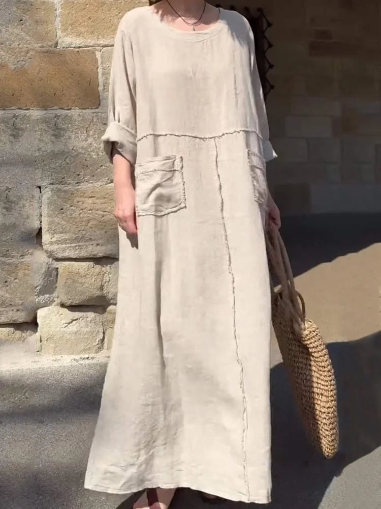 Elegant Linen Blend Long Sleeve Casual Maxi Dress