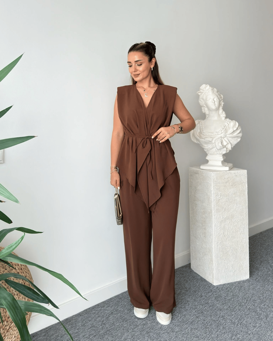 Chic V-Neck Tie-Up Waist Wrap Top & Wide-Leg Trousers Set