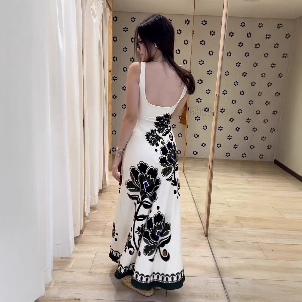 Black Floral French Backless Dress