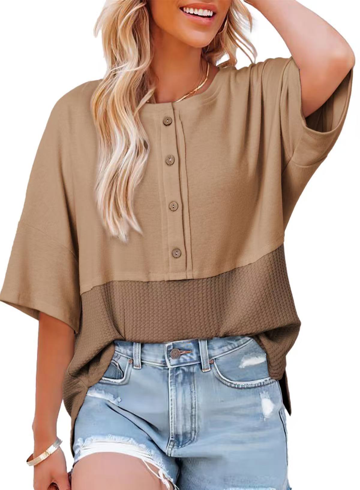 Casual Button Down Waffle Knit 3/4 Sleeves Top (Buy 3 Free Shipping)
