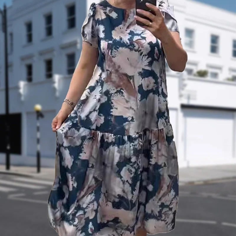 Loose Floral Dress with Round Neck & Short Sleeves
