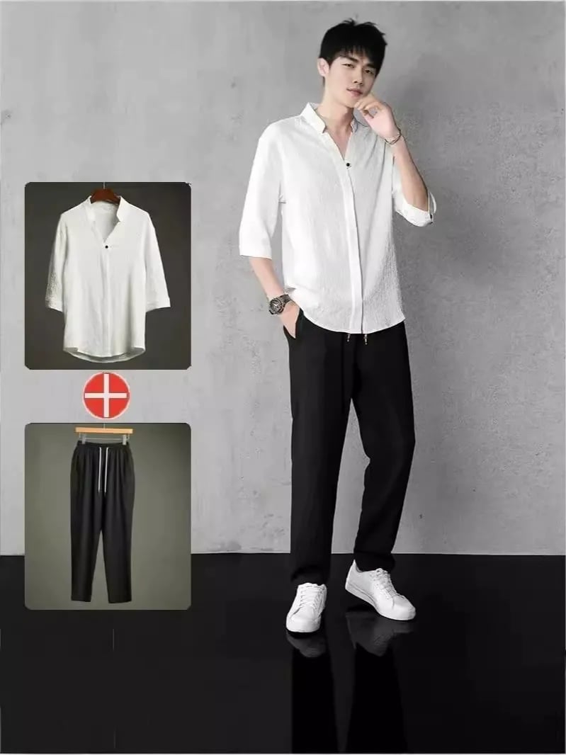 Men's cotton and linen short-sleeved T-shirt casual sports suit