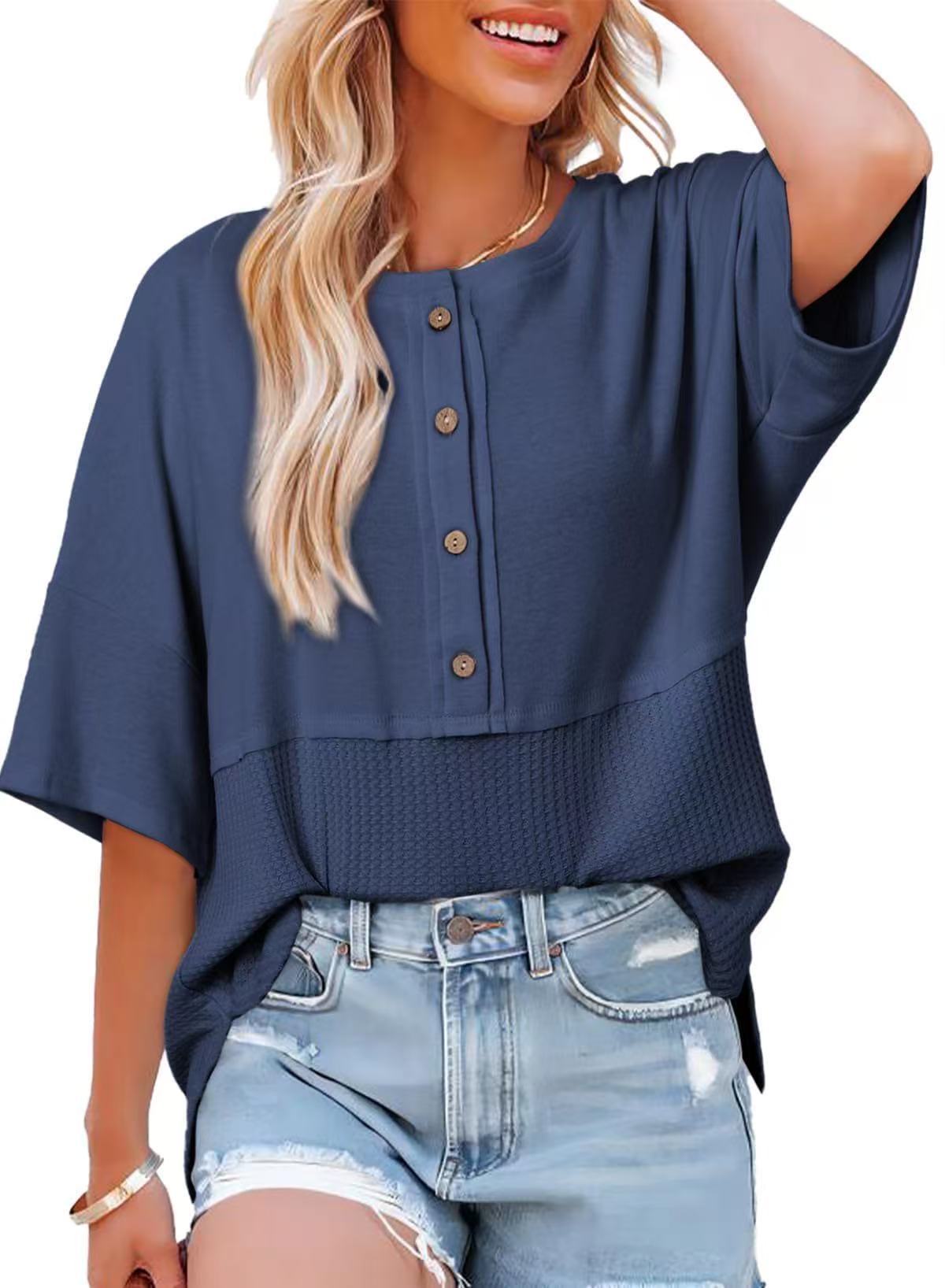 Casual Button Down Waffle Knit 3/4 Sleeves Top (Buy 3 Free Shipping)