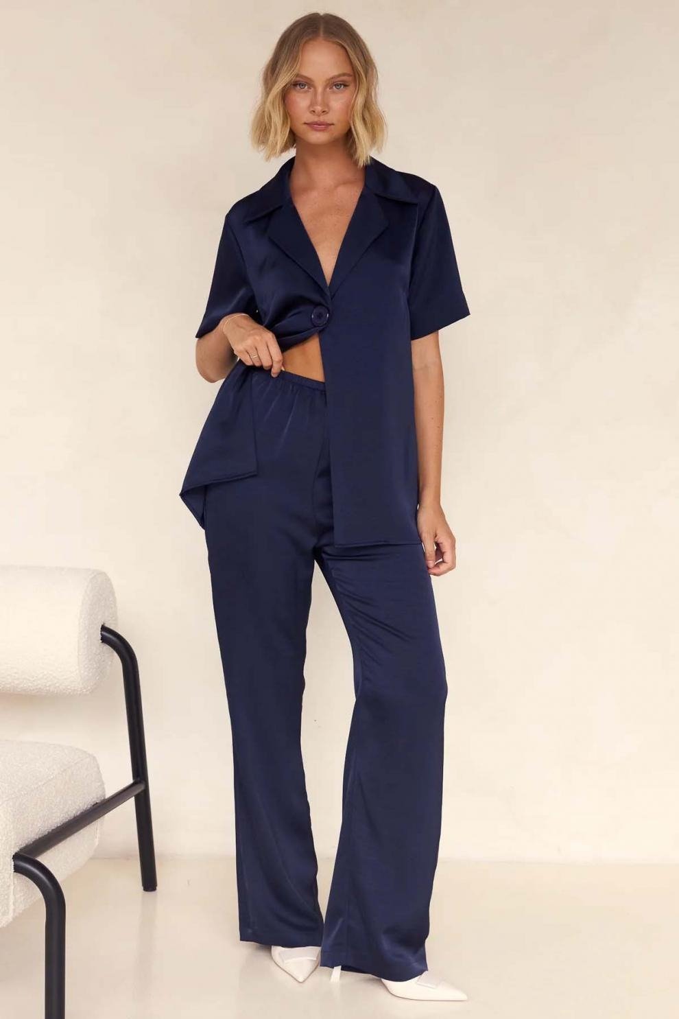 Casual Lapel Solid Button Short-Sleeve Pants Set