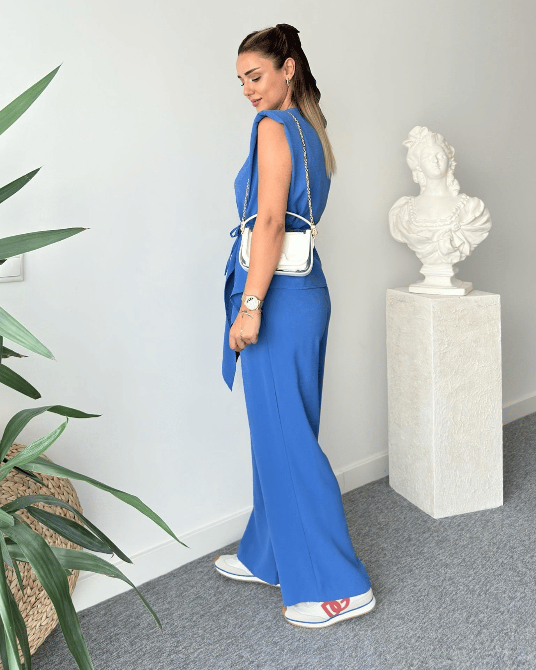 Chic V-Neck Tie-Up Waist Wrap Top & Wide-Leg Trousers Set