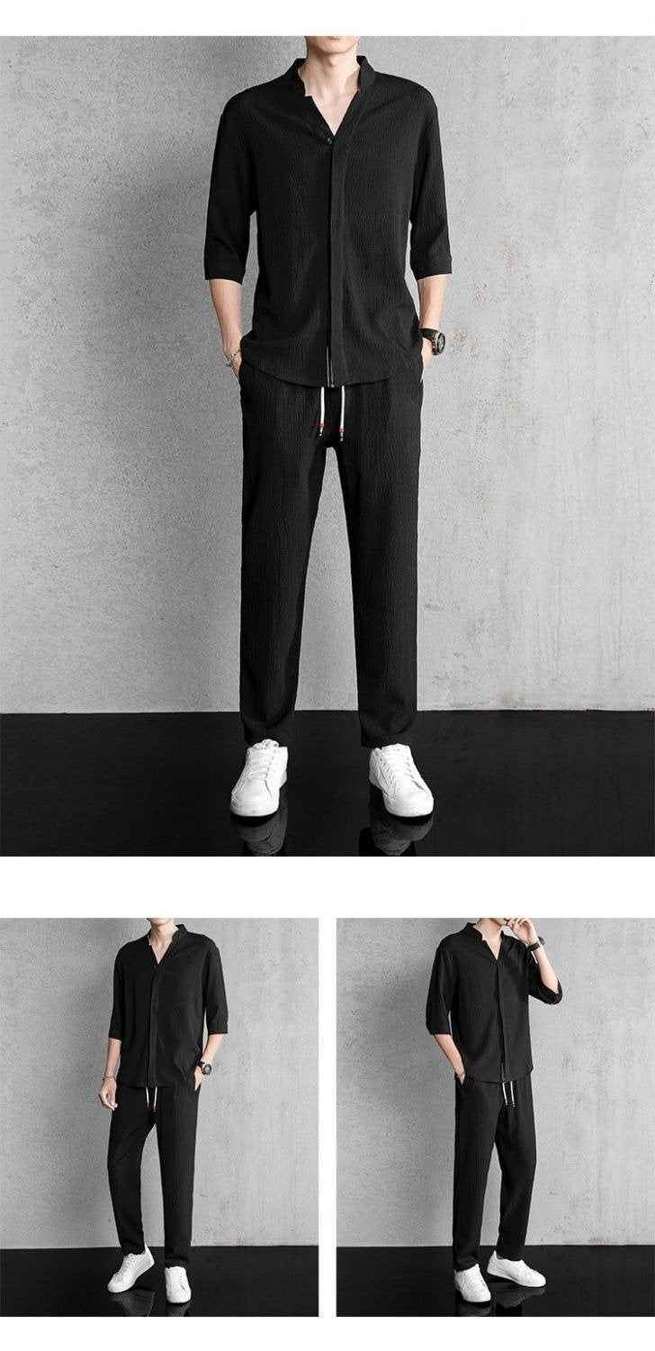 Men's cotton and linen short-sleeved T-shirt casual sports suit