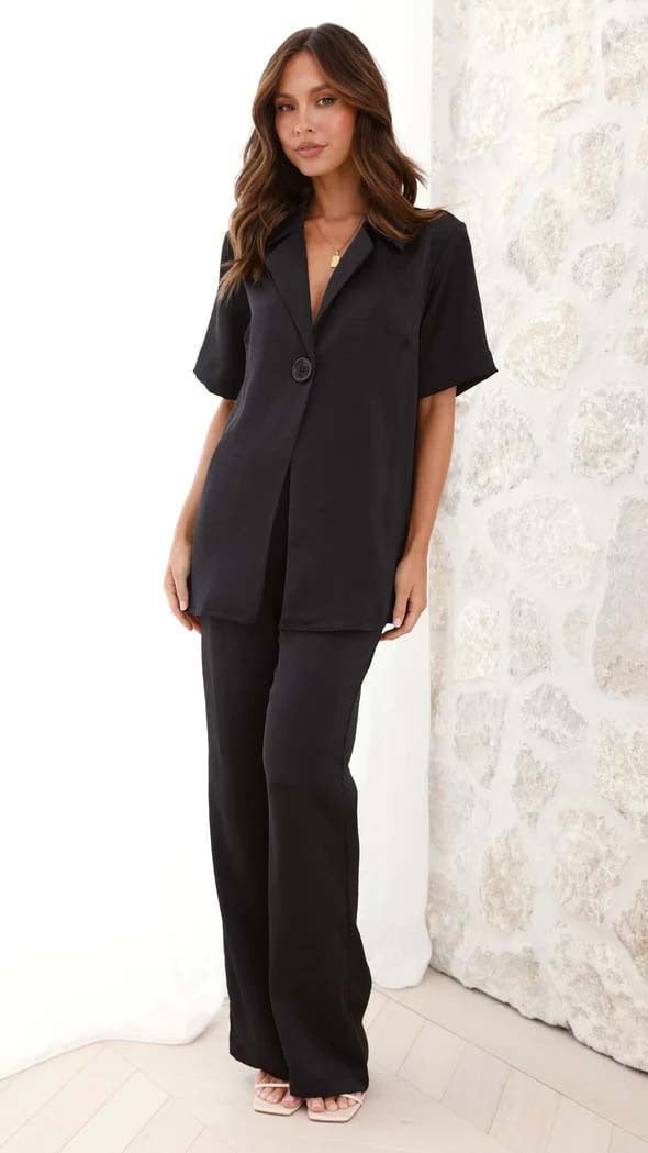 Casual Lapel Solid Button Short-Sleeve Pants Set